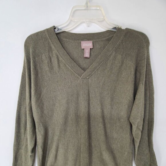 Chico's Women's Long Sleeve Pullover Knit Top V neck Olive Green Size Small - Picture 3 of 6